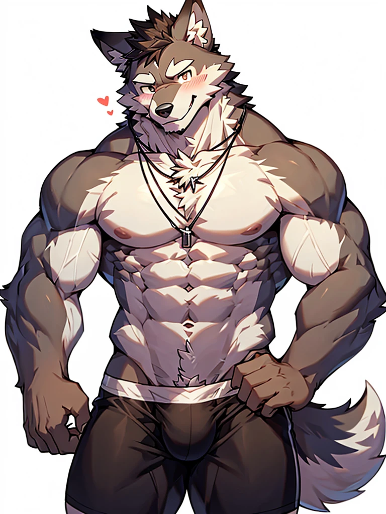 front view, white background, hands on hips, Furry, wolf, male, muscular, muscles, thick eyebrows, shirtless, necklace, wearing boxer briefs, look at viewer, blushing, shy, smiling, happy