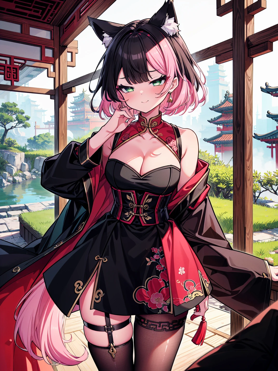 (cowboy shot), (colorful:1.1), (ultra-high resolution, depth of field:1.2), (Tingyun:1.1), solo, fox ears, puffy fox tail, (black hair), inner pink hair, bangs, green eyes, (red underliner), medium breasts, (long dress), (long black dress with a waist cincher), crossed collar shirt, cleavage, bare legs, (intricate thigh strap), pantyhose, smile, squinting, Chinese garden scenery