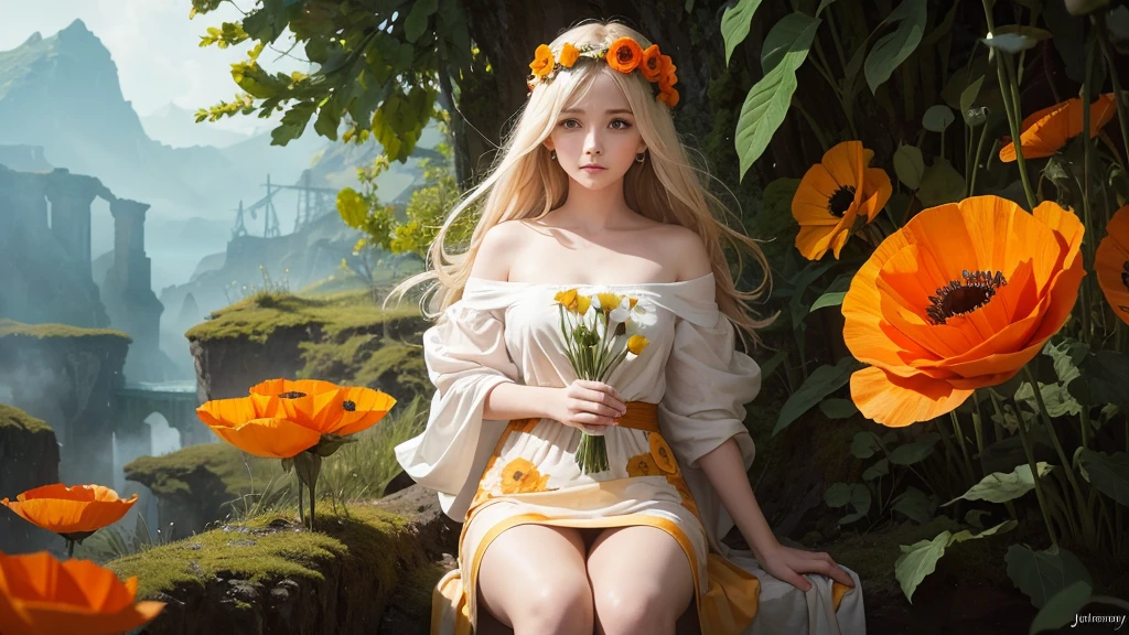 32k, Masterpiece, Highest quality, One girl, Detailed eyes, flower,Iceland Poppy, Orange and yellow style,A dreamy, romantic piece,Pale yellow, Mysterious Leaves,A playful arrangement,Fantasy,High Contrast,Ink strokes,explosion,Exposure, Impression of orange and yellow tones,Abstract,((Watercolours by John Berkey and Jeremy Mann )) Brush strokes,Negative Space, Tyndall effect,