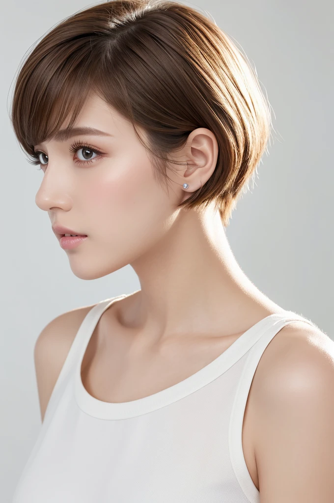 (Highest quality、Tabletop、8K、Best image quality、Award-winning works)、((profile:1.4))、ear、((short hair:1.46)),(Brown Hair)、(White casual clothes:1.2)、(The simplest pure white background:1.3)、(Perfectly fixed in front:1.1),(Portrait with Space:1.2)、Beautiful and exquisite、Perfect Makeup、Ultra-high definition beauty face、Ultra HD Hair、Ultra HD Shining Eyes、Super high quality glossy lip、Accurate anatomy、Very beautiful skin、(Pure white skin shining in ultra-high resolution:1.1)、(Very bright:1.2),Big Natural Color Lip、Lip gloss,Harajuku、cute、cute美人