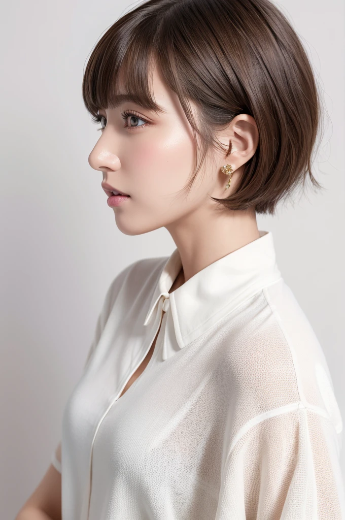 (Highest quality、Tabletop、8K、Best image quality、Award-winning works)、((profile:1.4))、ear、((short hair:1.46)),(Brown Hair)、(White casual clothes:1.2)、(The simplest pure white background:1.3)、(Perfectly fixed in front:1.1),(Portrait with Space:1.2)、Beautiful and exquisite、Perfect Makeup、Ultra-high definition beauty face、Ultra HD Hair、Ultra HD Shining Eyes、Super high quality glossy lip、Accurate anatomy、Very beautiful skin、(Pure white skin shining in ultra-high resolution:1.1)、(Very bright:1.2),Big Natural Color Lip、Lip gloss,Harajuku、cute、cute美人