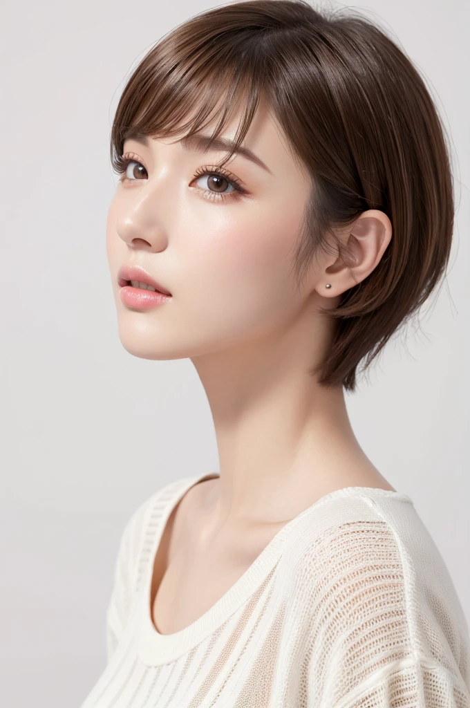 (Highest quality、Tabletop、8K、Best image quality、Award-winning works)、((profile:1.4))、ear、((short hair:1.46)),(Brown Hair)、(White casual clothes:1.2)、(The simplest pure white background:1.3)、(Perfectly fixed in front:1.1),(Portrait with Space:1.2)、Beautiful and exquisite、Perfect Makeup、Ultra-high definition beauty face、Ultra HD Hair、Ultra HD Shining Eyes、Super high quality glossy lip、Accurate anatomy、Very beautiful skin、(Pure white skin shining in ultra-high resolution:1.1)、(Very bright:1.2),Big Natural Color Lip、Lip gloss,Harajuku、cute、cute美人