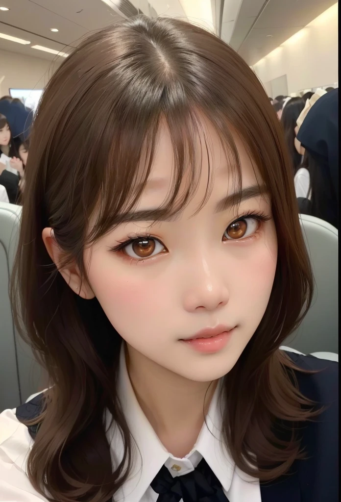 A fifty-something Asian woman with long brown hair wearing a tie and white shirt, Cute natural anime face, Girl cute beautiful face, 8K Selfie, With a cute - lovely - face, Cute realistic portrait, Cute round eyes, Ulzzang, Young and adorable Korean face, 柔らかいRound face, Round face, A clear and pretty face、Beautiful double eyelids