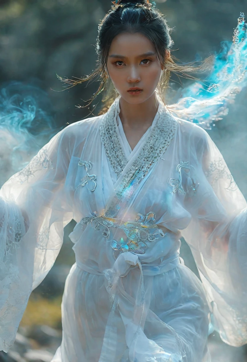 uhd, epic, cinematic still frame, sharp focus, craft a hyper realistic photo of most attractive and beautiful Wuxia girl (supermodel), (beautiful face)、(((1 juvenile，full bodyesbian，tear-mole:)))full bodyesbian，Sharp eyes，Clear facial features，wearing a lace hanfu，White robe，Fighting，Strong dynamic posture，The body is surrounded by blue mist，Runes surround you，tai chi martial arts action，Holographic reality，holographic halo，dynamic blur，Game lighting effects，rim-light，Soft light，cinematic rim light，The light is delicate, Qi explosion, 