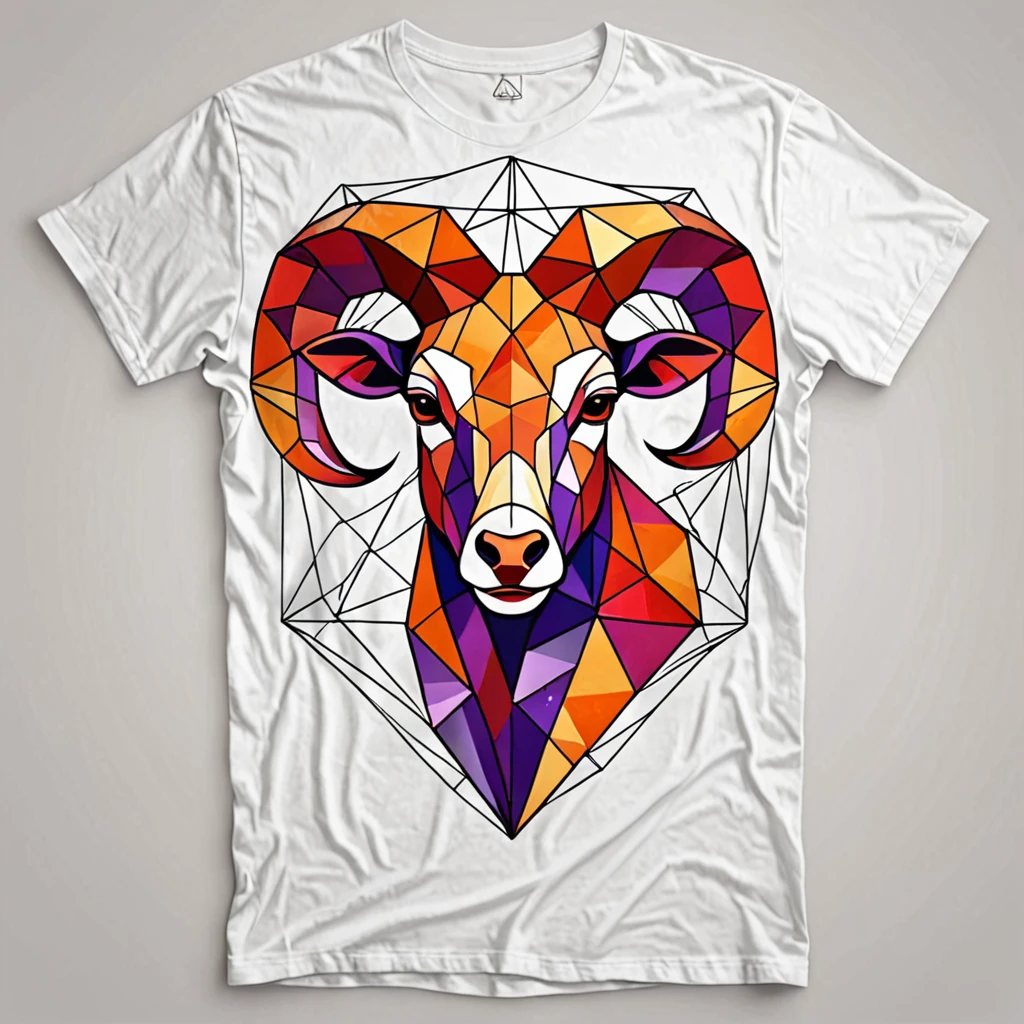 Fragmented Aries symbol, cubist-inspired artwork, energetic and avant-garde, multi-angled lighting, geometric shape composition, vibrant red, orange, and purple scheme, asymmetrical full front print, faceted gem-like texture, contemporary art enthusiast apparel, T-shirt design graphic, vector, contour, white background