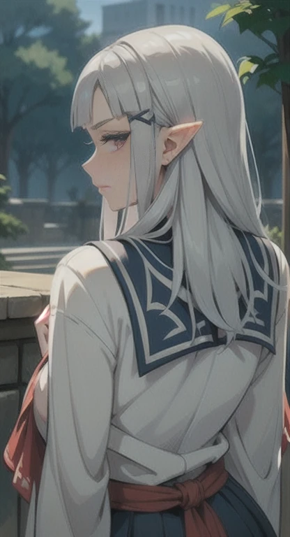 Sweating, long silver hair, Princess Zelda, Hyrule high school, school's uniform, students everywhere, looking at viewer annoyed, back view, SFW,