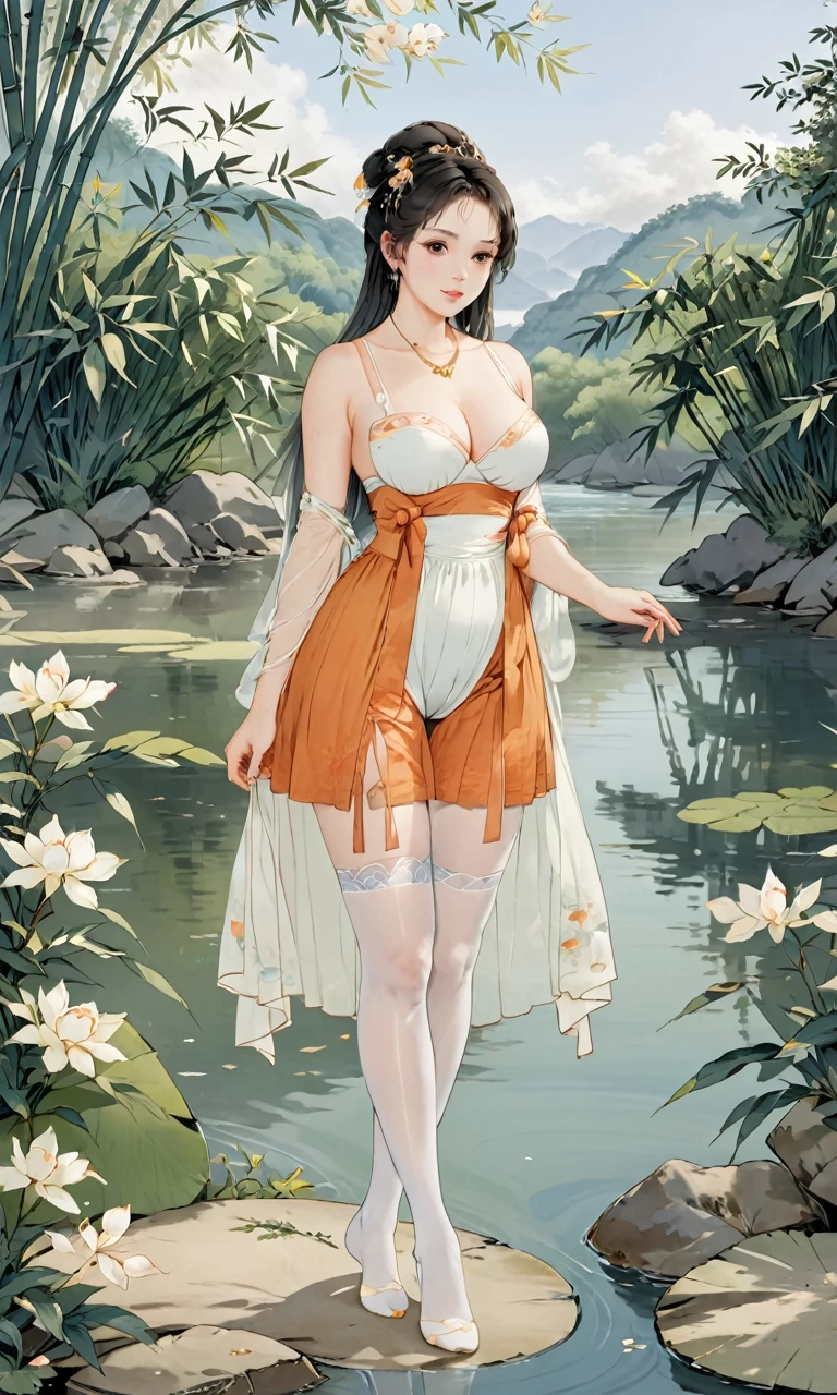 8K, masterpiece, Highest quality, Second Dimension, (Chinese traditional ink painting:0.2) One girl, (Perfect hands:1.4), Wearing a thin, see-through Hanfu miniskirt, (See-through white pantyhose:1.4), White pantyhose on her legs are exposed, (Huge breasts:1.3), (Huge Ass, Thick and wide thighs:2.4), (No shoes:1.2), River in the background，koyama，bamboo, flowers in background,