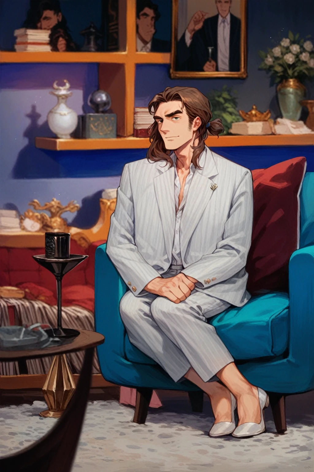 character sitting in a chair with arm raised, dark hair (neck length hair tied in a ponytail), nice pose, handsome man, pretty face, royal elegant pose, business man, (in a striped blazer), (The surrounding environment is a luxurious and classic living room) (sand tone image)