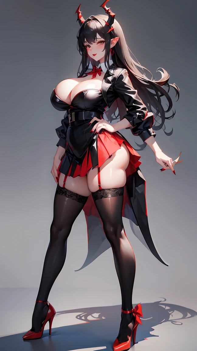 1Woman milf “"Giant breasts" + "large rear" + "wide hips" + " tiny waist" + "plump thighs" + "gray eyes" + "Long black color Hair" + "Red Lips" + "Lucious Lips"”)}, {“Outfit”: big red pointed horns, fangs, black top, red skirt, red pointed nails, black high heels, Reddish lace bow on the thigh