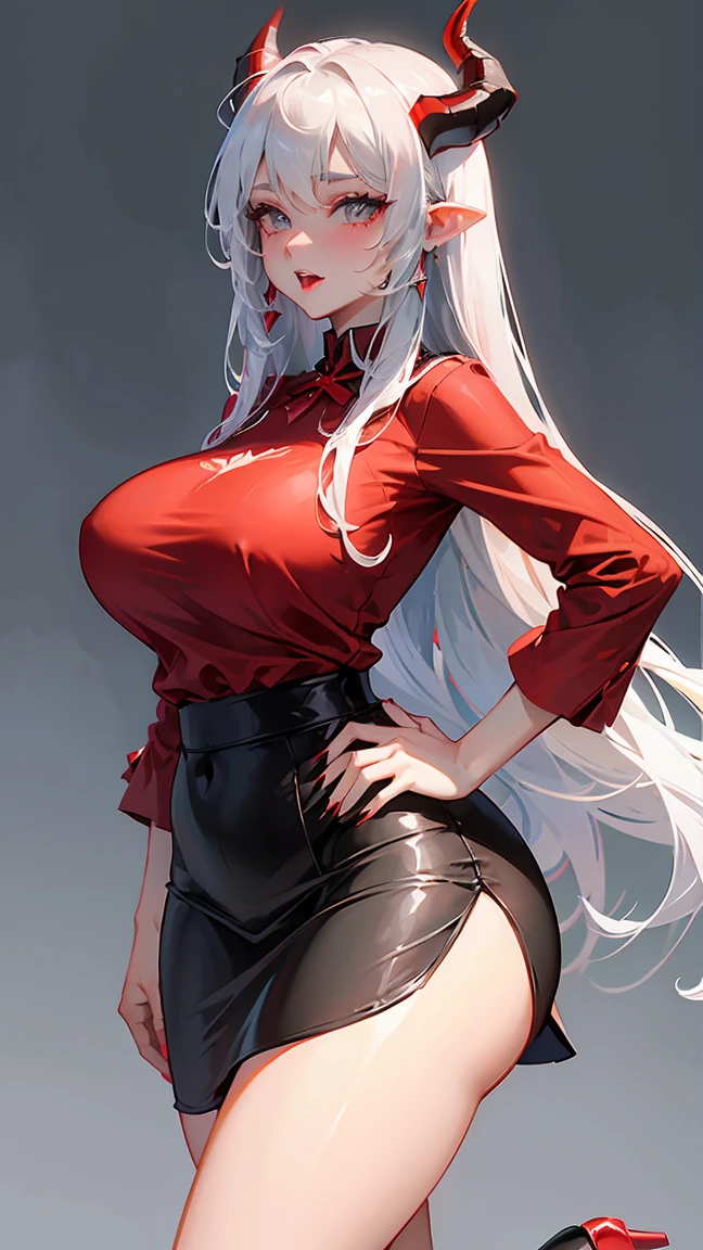 1Woman milf “"Giant breasts" + "large rear" + "wide hips" + " tiny waist" + "plump thighs" + "gray eyes" + "Long black color Hair" + "Red Lips" + "Lucious Lips"”)}, {“Outfit”: big red pointed horns, fangs, black top, red skirt, red pointed nails, black high heels, Reddish lace bow on the thigh