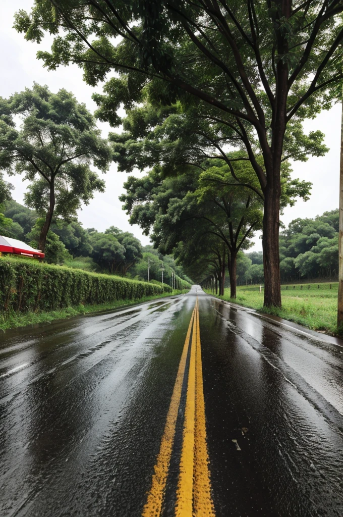 A road whit so many tress and becoming rains