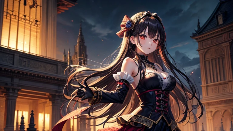 Tokisaki Kurumi stands in front of an ancient clock tower，The surrounding environment is filled with a mysterious and eerie atmosphere。She has long wavy black hair.，Hair fluttering gently in the breeze。Her heterochromatic eyes are particularly eye-catching.，The right eye is a bright red clock pattern，Exudes an evil glow，The left eye is a deep golden color，Revealing a hint of mystery and coldness。

She was wearing a gorgeous Gothic Lolita dress，The skirt is mainly red and black，Intricate lace and silk fabrics，Depicting exquisite details。The skirt is wide，Gently swaying with her movements。She wore black lace bracelets and collars around her wrists and neck.，Adds a bit of charm and danger。

In her hands，Holding a unique classical spear，The gun has intricate patterns engraved on it.，It emits a dark glow。Her posture was elegant and confident，Seems ready to meet any challenge。

Behind is the ancient bell tower，The huge clock in the clock tower is pointing to midnight，Symbolizes the infinite cycle of time。The sky is covered with dark clouds，Only a few faint moonlight shines through the clouds，It adds a layer of mystery to the whole scene。

Tokisaki Kurumi standing in front of the clock tower，Slightly sideways，A meaningful smile appeared on the corner of his mouth，It gives people a feeling of being both charming and dangerous。