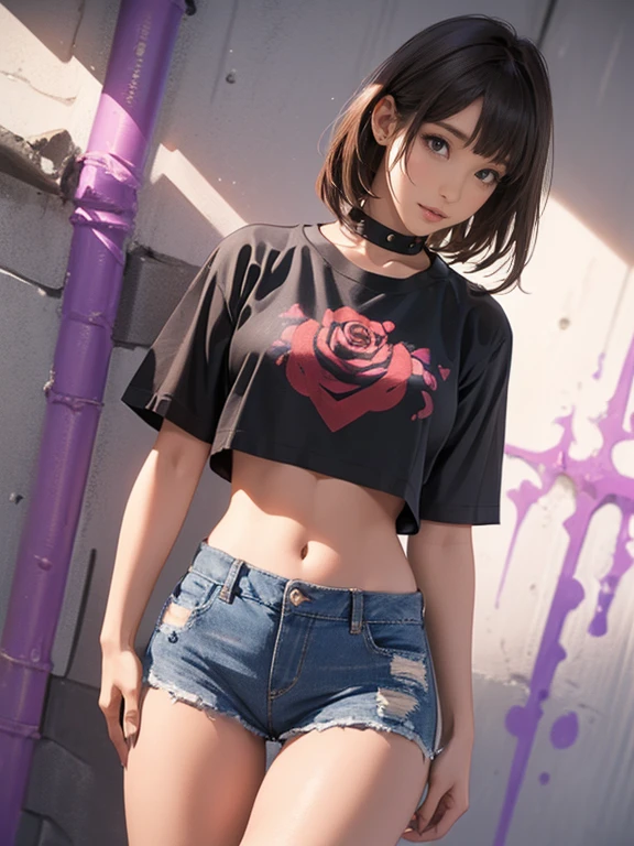 ((((Brown Skin、Dark Skin、Black Skin、Ultra-Realistic Skin))))One girl、Age 25、Oversized breasts、Shapely super big breasts、Crop top、((Denim miniskirt、Extremely short length 、rose、Crop top))、choker、（Graffiti：1.5）、Purple lightning splash。、Arms behind your back、Leaning against a wall、Facing the viewer from the front。、Thigh straps、Tilt your head、boredom、Watery eye、((Composition from below、Low - Angle))