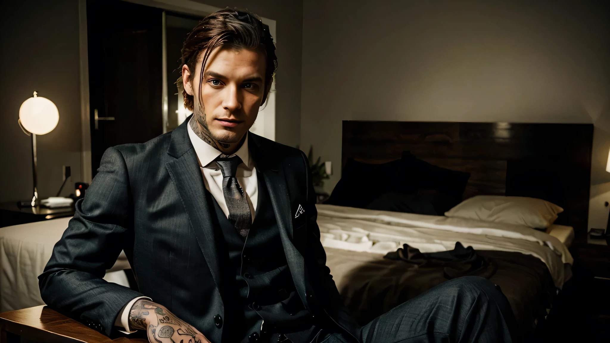 German man model. Tatoo. Suit