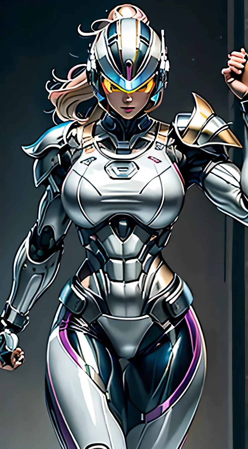 Female Robocop Solo、Bright outdoors、strong light source、8K, high quality, masterpiece, 最high quality, Crisp contrast、Very detailed、Full body armor、Very large armor、Helmet covering the head、Clear photos、His eyes are hidden by thin straight goggles:1.3、The lower half of the face is raw々Shii:1.5、The lower half of the face is exposed、Seductive lips、Rainbow and white metallic armor、Armor that completely covers the chest、Long, slender legs、Vibrant Posselo Body View,Big and ample breasts:1.5, (Sports Body:1.5)、Five Fingers、Hold a handgun、In the city