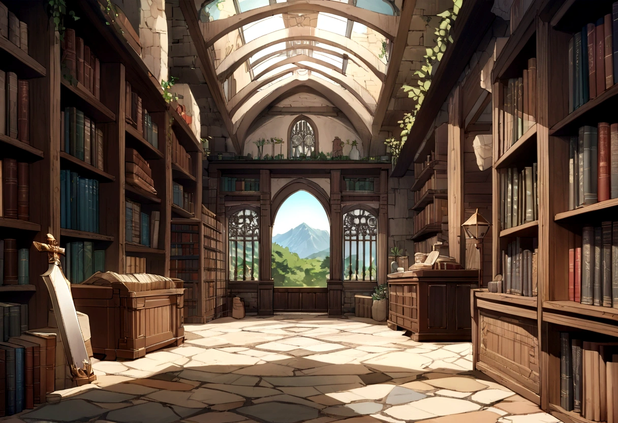 ((((masterpiece, Highest quality, High resolution)))),High detail, manga,anime,Illustration Style,Use of bright colors,Ghibli Studio,Similar to the colors used in daytime scenes, Medieval European fantasy world, Extremely detailed 8K, High detail, A labyrinthine library,maze, Game Sword,Hero's Sword,Dirty Sword,Bookshelf, In the store々There are many products lined up,Lying Sword,Luxurious sword, Magic book, Old books, And postcards, Both indoor and outdoor displays. The arches and walls are made of rustic stone, Gives a quaint and attractive look. The store is transparent, Smooth turquoise water surface, Colorful rocks visible beneath the surface. The sky is bright blue、Fluffy white clouds floating, And the sun is shining brightly, Create a magical and cozy atmosphere.