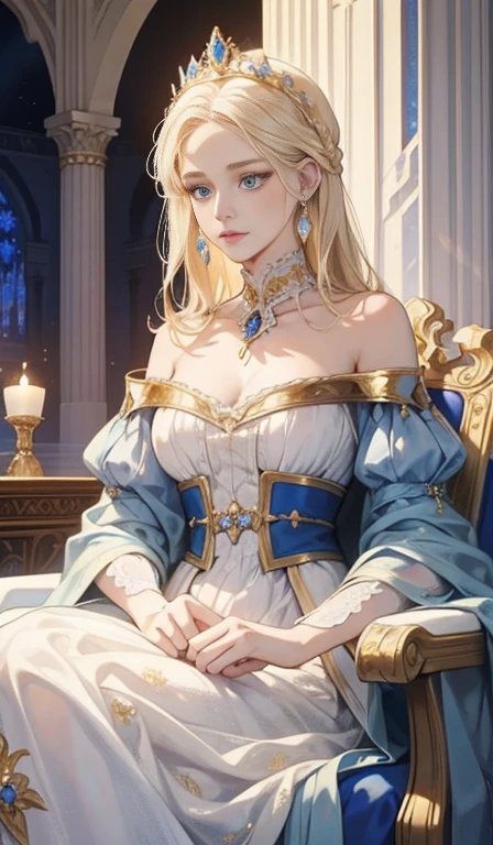 Fantasy, 19th century, empress, woman, delicate face, pale blonde hair, blue eyes, in a white royal dress with open shoulders, gold patterns on fabric, crystal jewelry, with a scarlet ribbon over the shoulder with the regalia of the monarch, Gothic castle made of white stone on the background, light, day, hd