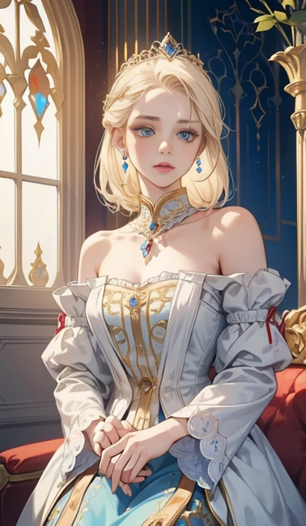 Fantasy, 19th century, empress, woman, delicate face, pale blonde hair, blue eyes, in a white royal dress with open shoulders, gold patterns on fabric, crystal jewelry, with a scarlet ribbon over the shoulder with the regalia of the monarch, Gothic castle made of white stone on the background, light, day, hd