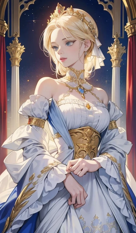Fantasy, 19th century, empress, woman, delicate face, pale blonde hair, blue eyes, in a white royal dress with open shoulders, gold patterns on fabric, crystal jewelry, with a scarlet ribbon over the shoulder with the regalia of the monarch, Gothic castle made of white stone on the background, light, day, hd