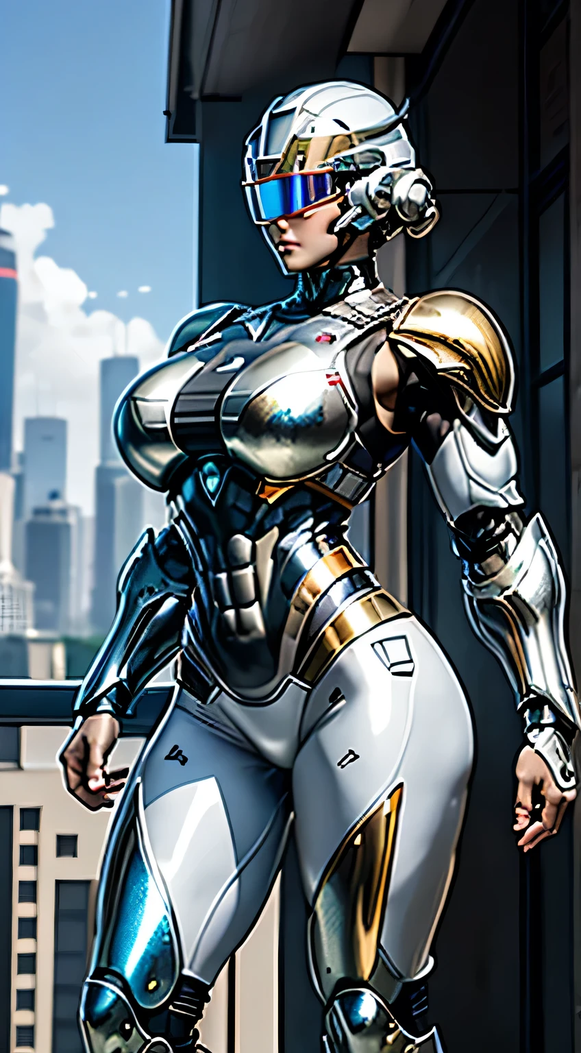 Female Robocop Solo、Bright outdoors、strong light source、8K, high quality, masterpiece, 最high quality, Crisp contrast、Very detailed、Full body armor、Very large armor、Helmet covering the head、Clear photos、His eyes are hidden by thin straight goggles:1.3、The lower half of the face is raw々Shii:1.5、The lower half of the face is exposed、Seductive lips、Rainbow and white metallic armor、Armor that completely covers the chest、Long, slender legs、Vibrant Posselo Body View,Big and ample breasts:1.5, (Sports Body:1.5)、Five Fingers、Hold a handgun、In the city