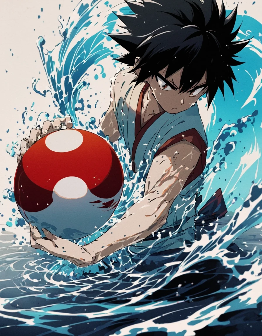 dragon ball character son goku, japanese anime aesthetics, pixar art, splash ink, water, wind