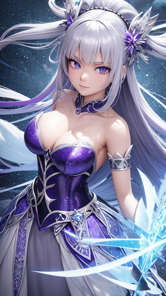 Create a 3D image in anime cartoon style of a beautiful geigha with blue-violet eyes with all her equipment surrounding the imperial palace in a fighting attitude. She carries a beautiful, perfectly detailed silver sword. Her dress is spectacular. She applies intense silver and violet microparticles in the most relevant details of the scene applies 300 dpi , HDMI and full definition