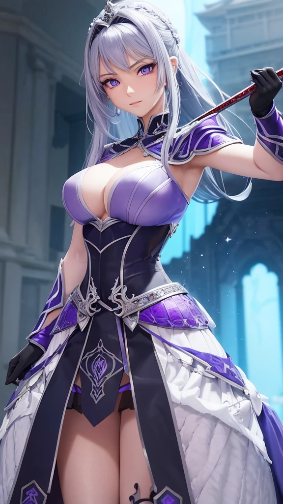 Create a 3D image in anime cartoon style of a beautiful geigha with blue-violet eyes with all her equipment surrounding the imperial palace in a fighting attitude. She carries a beautiful, perfectly detailed silver sword. Her dress is spectacular. She applies intense silver and violet microparticles in the most relevant details of the scene applies 300 dpi , HDMI and full definition