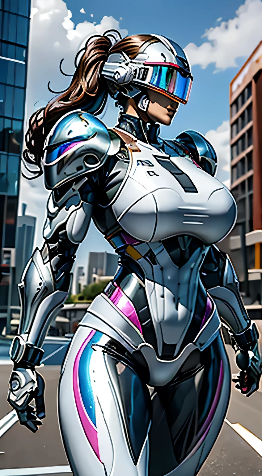 Female Robocop Solo、Bright outdoors、strong light source、8K, high quality, masterpiece, 最high quality, Crisp contrast、Very detailed、Full body armor、Very large armor、Helmet covering the head、Clear photos、His eyes are hidden by thin straight goggles:1.3、The lower half of the face is raw々Shii:1.5、The lower half of the face is exposed、Seductive lips、Rainbow and white metallic armor、Armor that completely covers the chest、Long, slender legs、Vibrant Posselo Body View,Big and ample breasts:1.5, (Sports Body:1.5)、Five Fingers、Hold a handgun、In the city