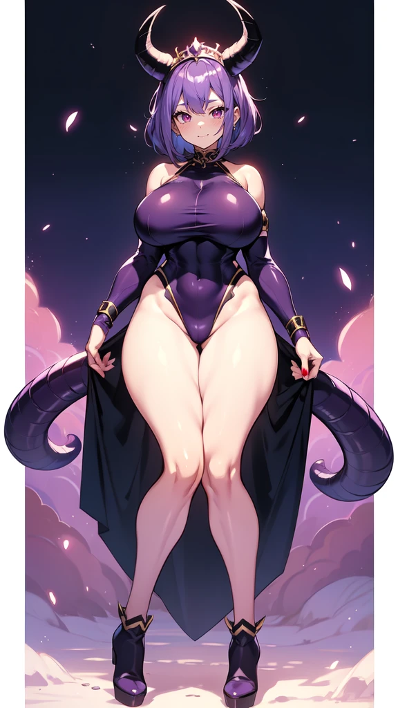 (masterpiece), best quality, expressive eyes, perfect face, demon girl, huge girl, female muscular:1.2, big horns, big breast:1, curvy:1.4, tiara, short hair, barefeet, evil smile, ((blank background)), (full body framing), ((thick thighs:1.4)), (long legs:1.7), amazon body, toeless boots, tattoo, purple skin, red eyes, (purple skin tone )
