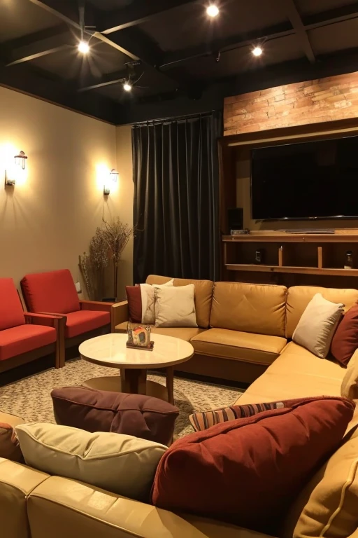 A cafe where you can stop by before or after a movie. Relaxed atmosphere, warm lighting, sofas and cushions. Located next to the movie theater.