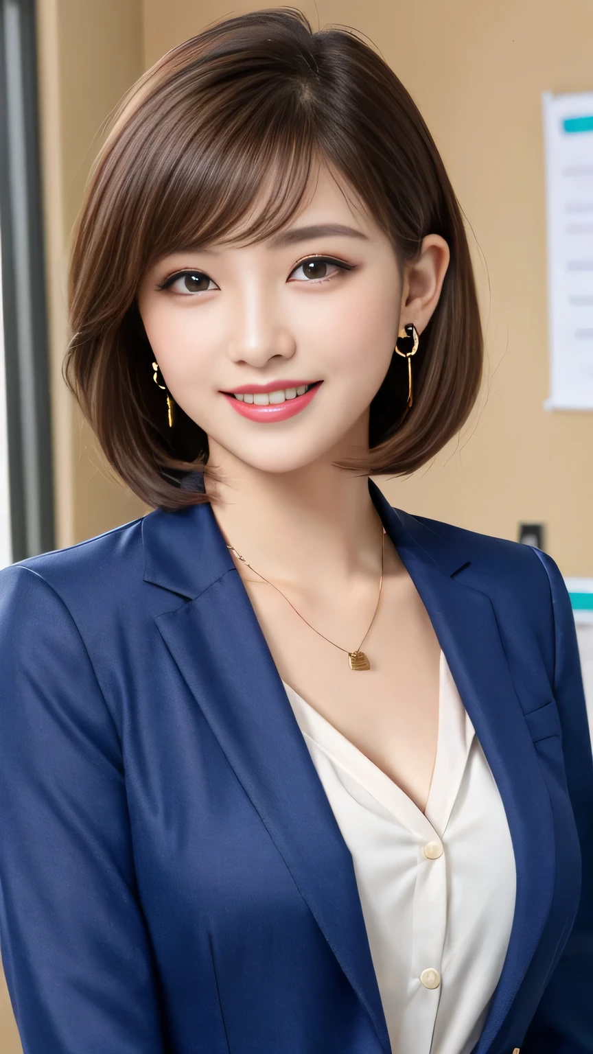 Highest quality:1.2), RAW Photos, High resolution, Very detailed, Intricate details, 、ear piercing、smile、Emphasis on teeth、Brown Hair、 Short Haircut、(Front view, ), Clear beauty, , (High quality fabric, Office Lady Suit 、Jacket、Unbuttoned shirt、 Necklace around the neck、The background is the office、Dark eyeliner