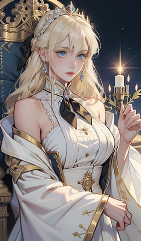 Fantasy, 19th century, empress, woman, delicate face, pale blonde hair, blue eyes, in a white royal dress with open shoulders, gold patterns on fabric, crystal jewelry, with a scarlet ribbon over the shoulder with the regalia of the monarch, Gothic castle made of white stone on the background, light, day, hd