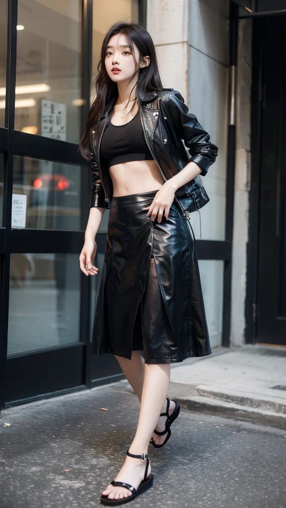 Korean girl wearing sports bra, black leather jacket, long black skirt and wearing sandals, model, 8k real life, long hair dazzling