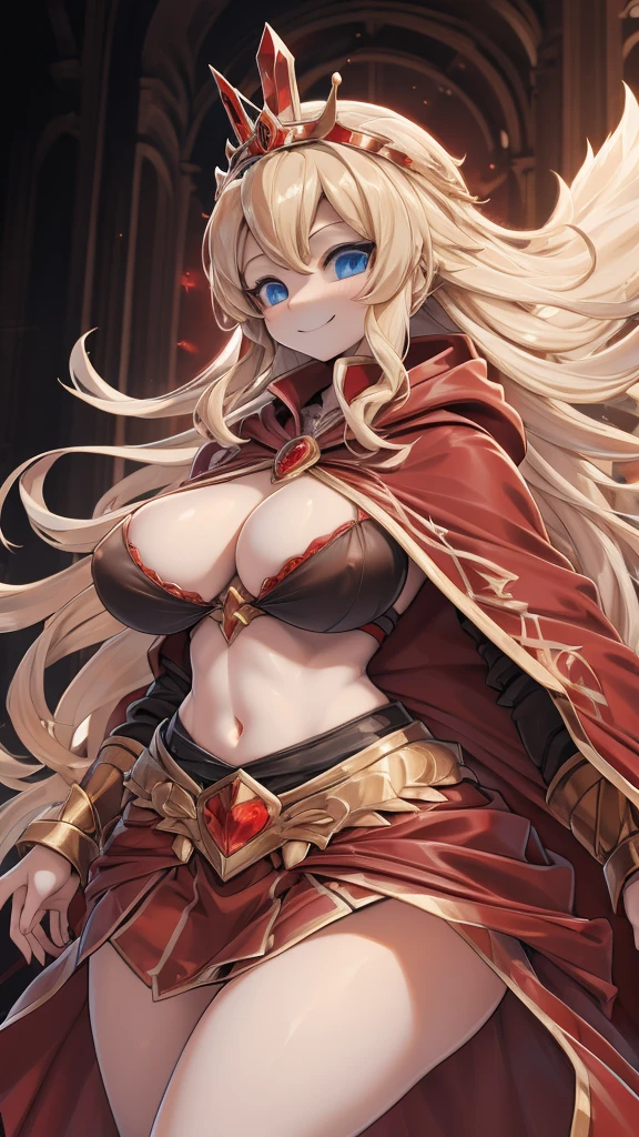 Queen，Innocent expression，Innocent smile，crown，redcloak，Blonde，Big breasts， red，redcloak，cloak，Transparent skirt，Transparent textured skirt，Sheer textured skirt with bikini lining，Transparent coat，Transparent coat，Translucent raincoat