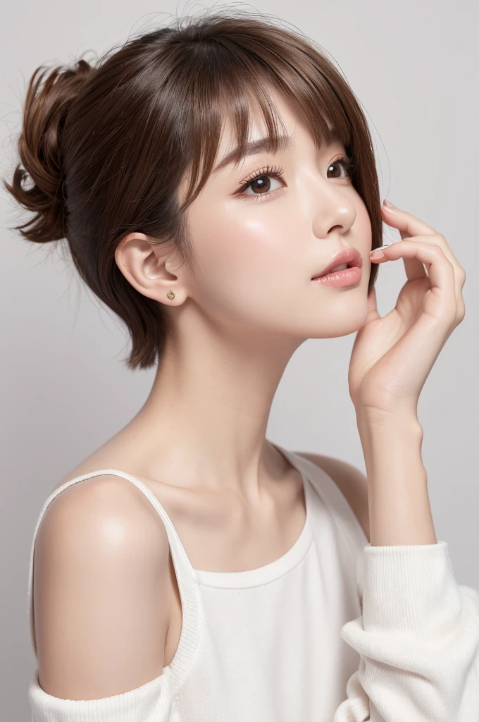 (Highest quality、Tabletop、8K、Best image quality、Award-winning works)、((profile:1.4))、ear、((short hair:1.46)),(Brown Hair)、(White casual clothes:1.2)、(The simplest pure white background:1.3)、(Perfectly fixed in front:1.1),(Portrait with Space:1.2)、Beautiful and exquisite、Perfect Makeup、Ultra-high definition beauty face、Ultra HD Hair、Ultra HD Shining Eyes、Super high quality glossy lip、Accurate anatomy、Very beautiful skin、(Pure white skin shining in ultra-high resolution:1.1)、(Very bright:1.2),Big Natural Color Lip、Lip gloss,Harajuku、cute、cute美人