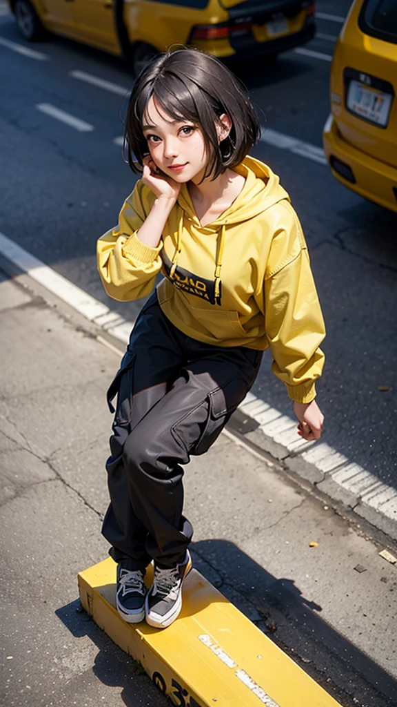 (masterpiece,best quality:1.2),(8k),shiny skin,detailed skin,detailed face,detailed eyes,1girl,beautiful face,black hair,straight_hair,early teen,cowboy_shot,depth of field,(looking_to_the_side:1.2),looking_afar,looking_up,crazy_smile,from_above,bob cut,short hair,medium breasts,((hip-hop girl:1.3)),((yellow and black hoodie:1.2)),((black cargo pants)),