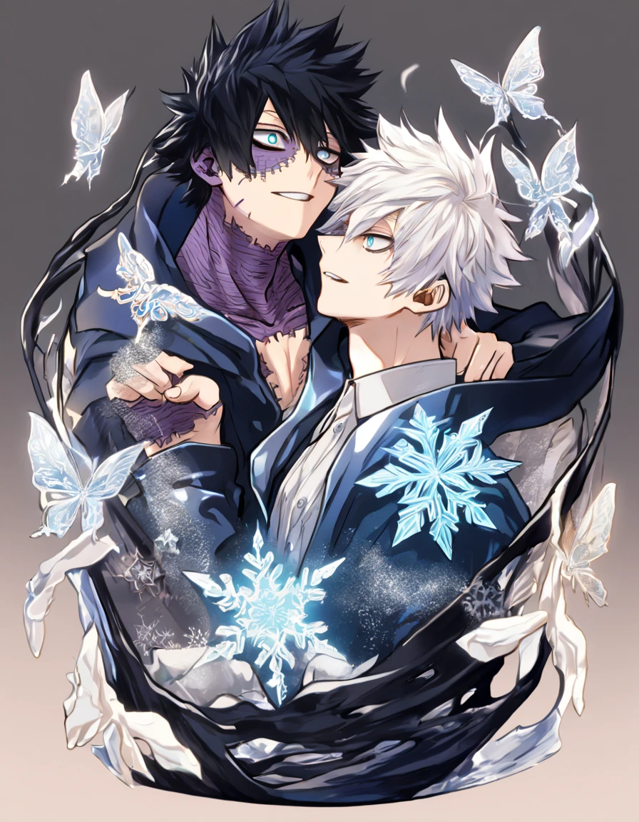 absurdres, highres, ultra detailed, HDR, master piece, best quality, extremely detailed face, delicated features, Dabi, black hair, expressive turquoise eyes, Boku No Hero Academia, Gojou Satoru, white hair, expressive blue eyes, white eyelashes, two sexy men together, yaoi, gay couple, handsome, smiling, blue jacket with fur, black coat, fantasy, magical, ice, blue fire, ice butterflies, snowflakes, starry night, ice prison, trapped in ice