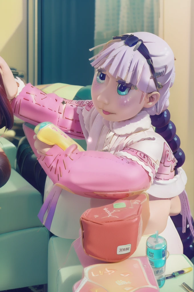 masterpiece, absurdres, official art,
kanna,hairband,beads,twintails, happy, v arms, 
police station