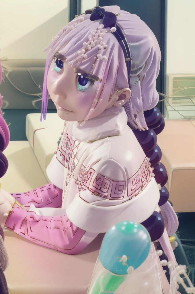 masterpiece, absurdres, official art,
kanna,hairband,beads,twintails, happy, v arms, 
police station