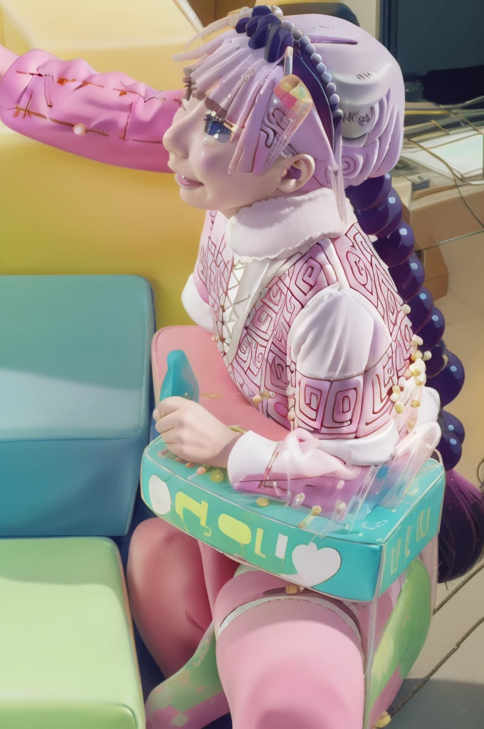 masterpiece, absurdres, official art,
kanna,hairband,beads,twintails, happy, v arms,
police station