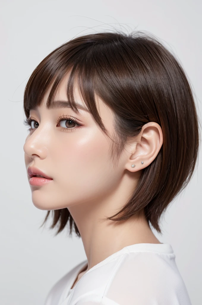 (Highest quality、Tabletop、8K、Best image quality、Award-winning works)、((profile:1.4))、ear、((short hair:1.46)),(Brown Hair)、(White casual clothes:1.2)、(The simplest pure white background:1.3)、(Perfectly fixed in front:1.1),(Portrait with Space:1.2)、Beautiful and exquisite、Perfect Makeup、Ultra-high definition beauty face、Ultra HD Hair、Ultra HD Shining Eyes、Super high quality glossy lip、Accurate anatomy、Very beautiful skin、(Pure white skin shining in ultra-high resolution:1.1)、(Very bright:1.2),Big Natural Color Lip、Lip gloss,Harajuku、cute、cute美人