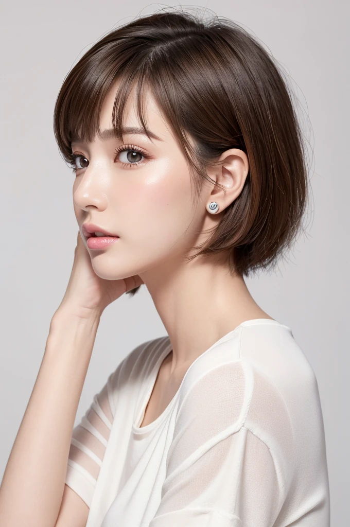 (Highest quality、Tabletop、8K、Best image quality、Award-winning works)、((profile:1.4))、ear、((short hair:1.46)),(Brown Hair)、(White casual clothes:1.2)、(The simplest pure white background:1.3)、(Perfectly fixed in front:1.1),(Portrait with Space:1.2)、Beautiful and exquisite、Perfect Makeup、Ultra-high definition beauty face、Ultra HD Hair、Ultra HD Shining Eyes、Super high quality glossy lip、Accurate anatomy、Very beautiful skin、(Pure white skin shining in ultra-high resolution:1.1)、(Very bright:1.2),Big Natural Color Lip、Lip gloss,Harajuku、cute、cute美人