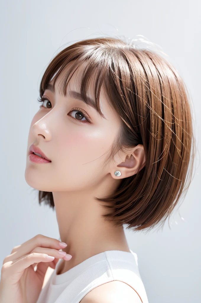 (Highest quality、Tabletop、8K、Best image quality、Award-winning works)、((profile:1.4))、ear、((short hair:1.46)),(Brown Hair)、(White casual clothes:1.2)、(The simplest pure white background:1.3)、(Perfectly fixed in front:1.1),(Portrait with Space:1.2)、Beautiful and exquisite、Perfect Makeup、Ultra-high definition beauty face、Ultra HD Hair、Ultra HD Shining Eyes、Super high quality glossy lip、Accurate anatomy、Very beautiful skin、(Pure white skin shining in ultra-high resolution:1.1)、(Very bright:1.2),Big Natural Color Lip、Lip gloss,Harajuku、cute、cute美人