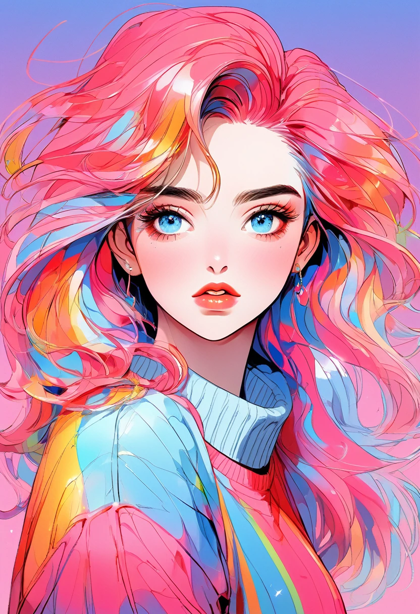 anime ,Realistic ,sketch , 1 Girl, Shining blue eyes,Glossy Lips, sweater,Collared shirt、order, Red gradient background, Neon Hair,textured crop, , (masterpiece,Highest quality,Rainbow Style)