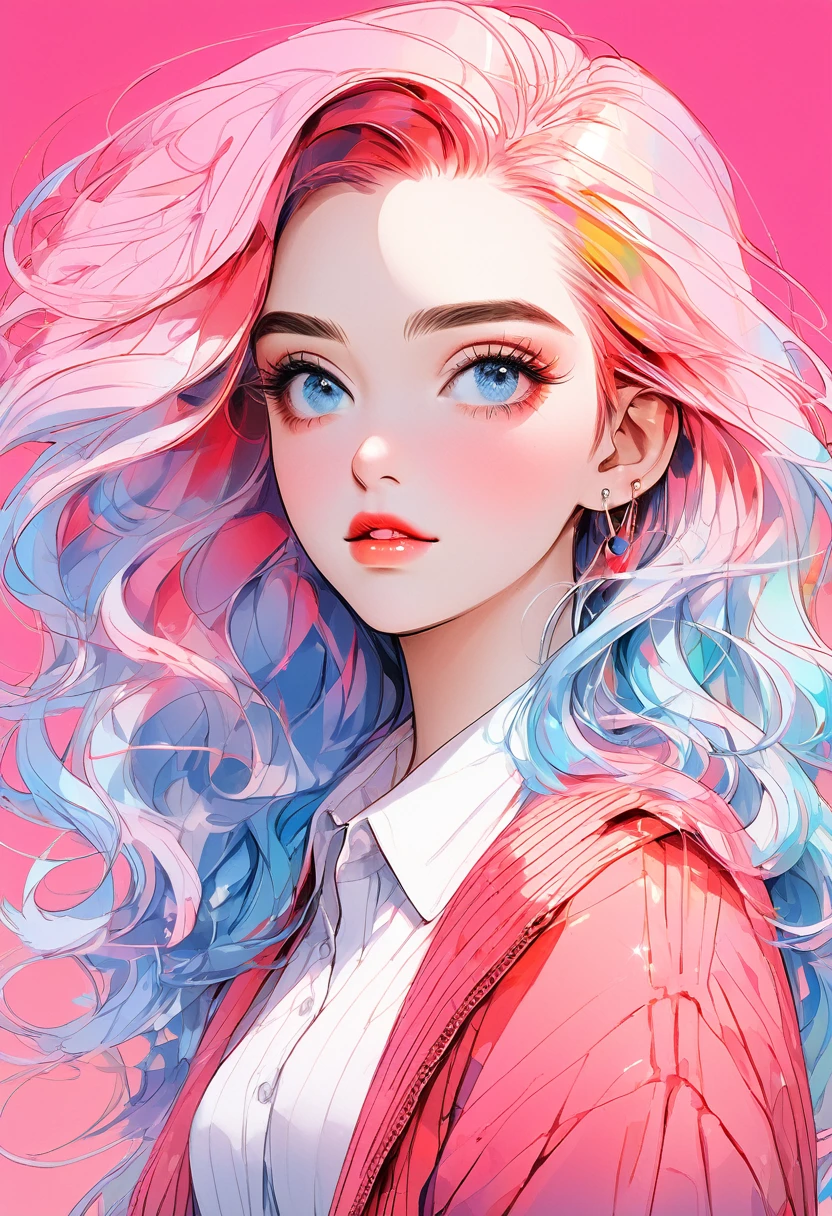 anime ,Realistic ,sketch , 1 Girl, Shining blue eyes,Glossy Lips, sweater,Collared shirt、order, Red gradient background, Neon Hair,textured crop, , (masterpiece,Highest quality,Rainbow Style)