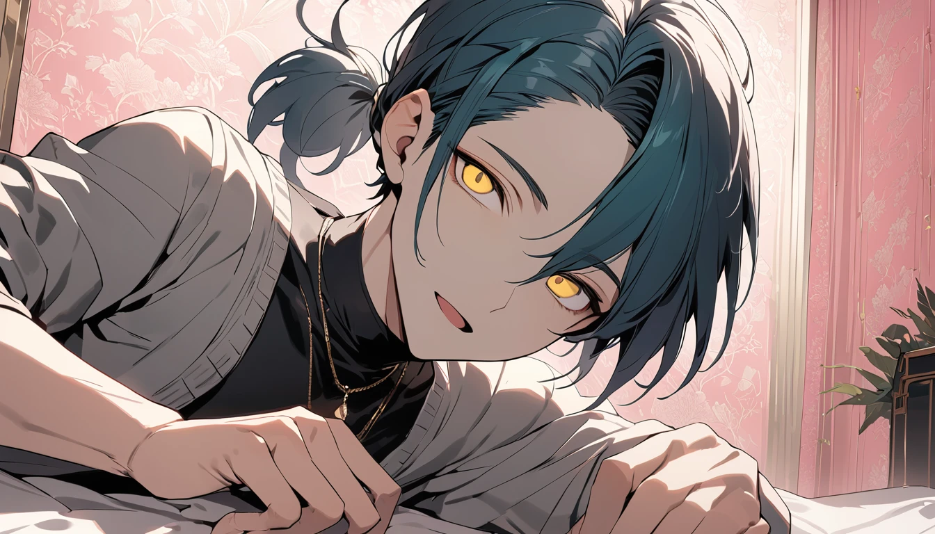 ((((best masterpiece, best quality, wallpaper,)))) solo, guy, male body, small muscles, flat chest, 1male, 30 years old, handsome man, dramatic angle, upper body, looking at viewers, beautiful detailed, Expressionless, lying down, mediumturquoise hair, ((((Lower short ponytail)))), asymmetrical bangs, ((short hair,)) ((( gold eyes, ^o^, tareme, droopy eyes,))) (((perfect face, extremely detailed eyes,))) perfect hands, sharp nose, clear face, black turtleneck, grey cardigan, ((silver piercing, pendant,)) leggings, pink background color ultrasharp, 8K, masterpiece,