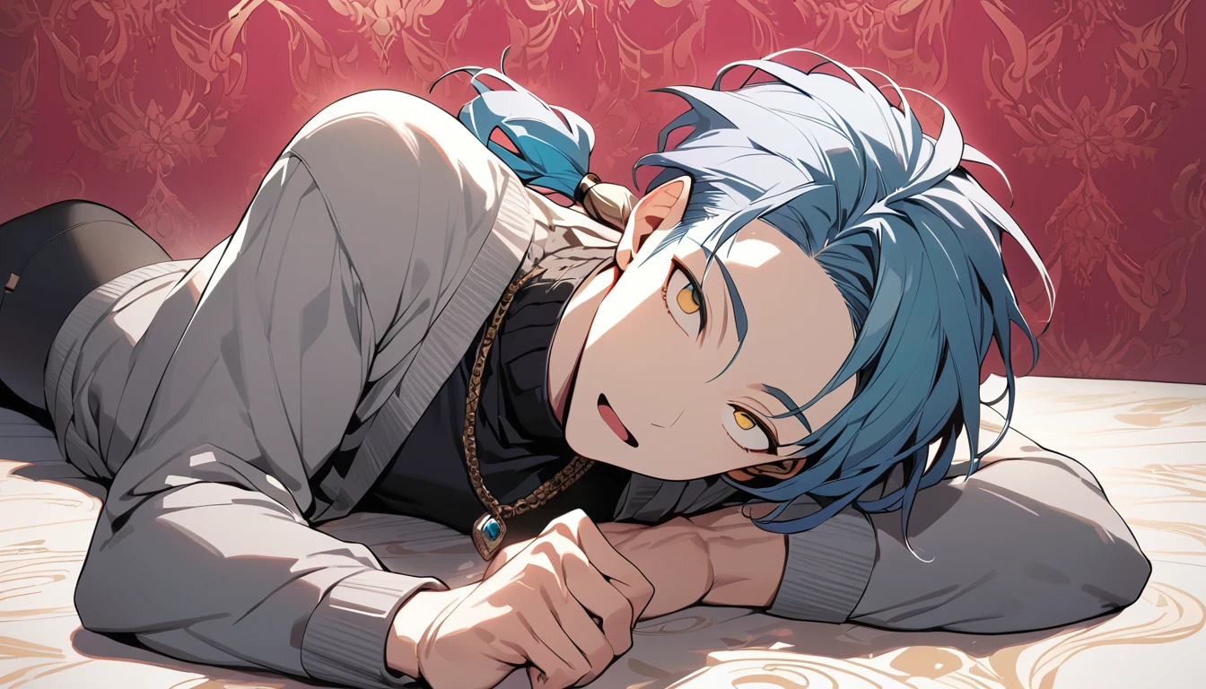 ((((best masterpiece, best quality, wallpaper,)))) solo, guy, male body, small muscles, flat chest, 1male, 30 years old, handsome man, dramatic angle, upper body, looking at viewers, beautiful detailed, Expressionless, lying down, mediumturquoise hair, ((((Lower short ponytail)))), asymmetrical bangs, ((short hair,)) ((( gold eyes, ^o^, tareme, droopy eyes,))) (((perfect face, extremely detailed eyes,))) perfect hands, sharp nose, clear face, black turtleneck, grey cardigan, ((silver piercing, pendant,)) leggings, pink background color ultrasharp, 8K, masterpiece,
