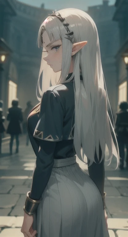 Sweating, long silver hair, Princess Zelda, Hyrule high school, school's uniform, students everywhere, looking at viewer annoyed, back view, SFW,