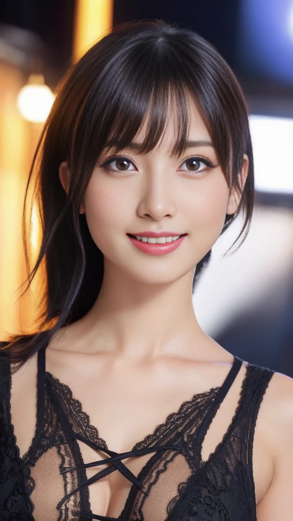(Super beautiful woman)、((highest quality、8K masterpiece:1.3))、sharp focus:1.2、(super beautiful face:1.0)、(shiny skin:1.0)、realistic pictures、black hair、video lighting、High resolution eyes and face、video lighting、japanese actress、from the front、with a happy smile、whole body、