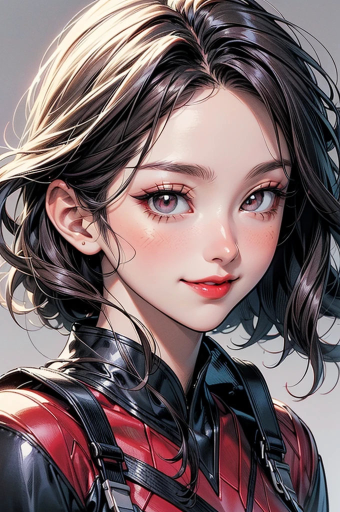 ((Manga illustration)), ((scarlet witch)) close up portrait ,solo , medium short hair, looking at viewer, blush , smile , happy , red lipstick,close up portrait, solo, focus on eyes, plain background, (in vector style), ((monochrome Manga drawing))